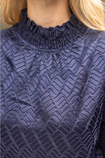 Smocked Neck Zig Zag Textured Top- Navy