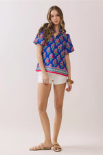 Clara Floral Print Contrast Border Hem Split Neck Blouse- Royal