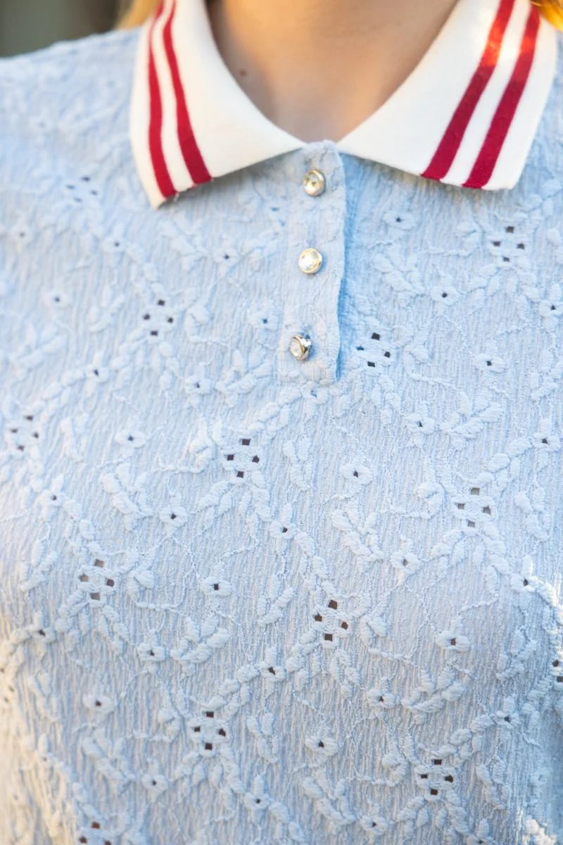 Voy Stripe Trim Floral Eyelet Polo Top- Blue/Red