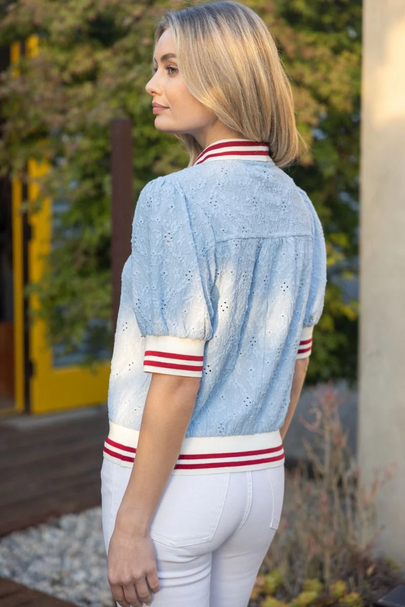 Voy Stripe Trim Floral Eyelet Polo Top- Blue/Red