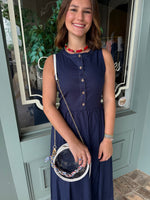 SLEEVELESS NAVY KNIT MIDI W/ BUTTON DETAIL