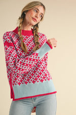 Mock Neck Sweater with Side Slit - Berry Pink and Light Blue