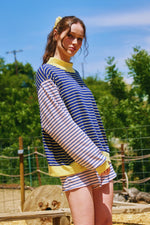 SOPHIE STRIPED CONTRAST RIBBED DETAILES HIGH-NECK SWEATSHIRT -by Bucketlist Navy/Yellow