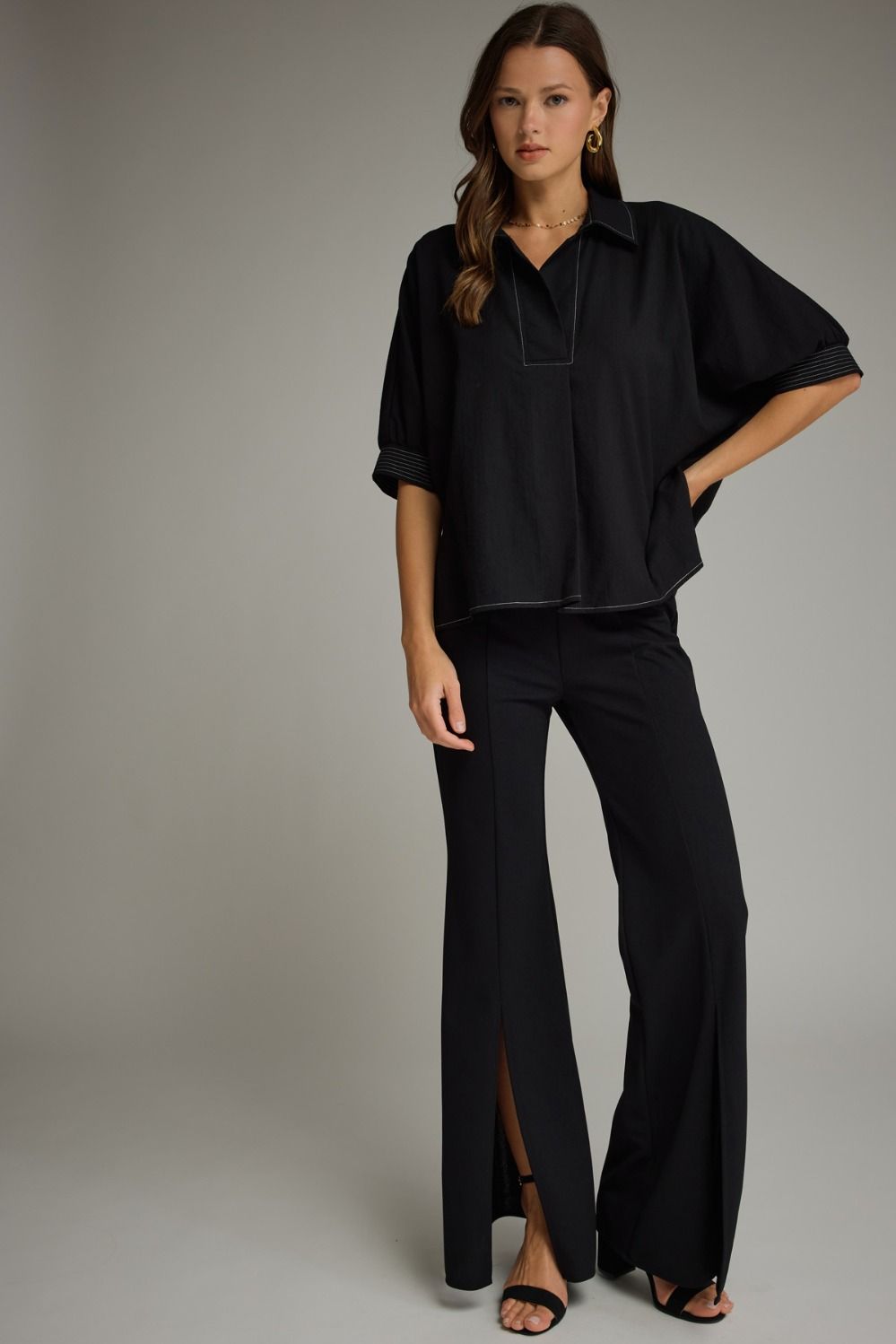 Heidi Black Collared V Neck Top with White Stitching Detail