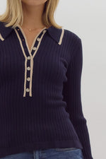 Navy Ribbed Top with Tan Contrast Collar and Half Button Detail