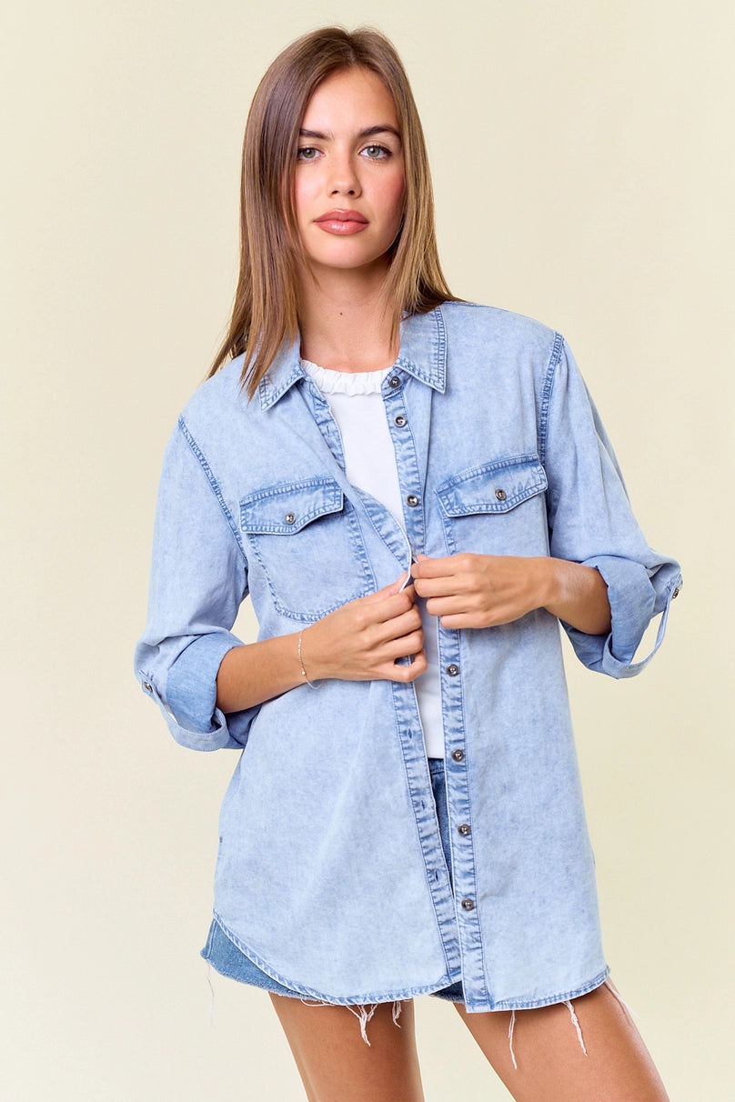 Chambray Button Down Shirt with Roll Up Sleeve- Light Denim