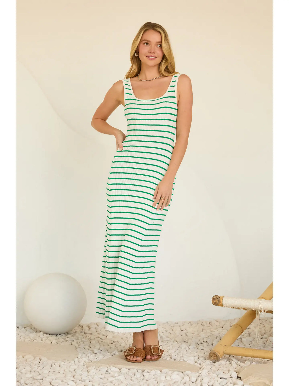 Charlie Striped Sleeveless Rib Knit Maxi Dress- Green/White