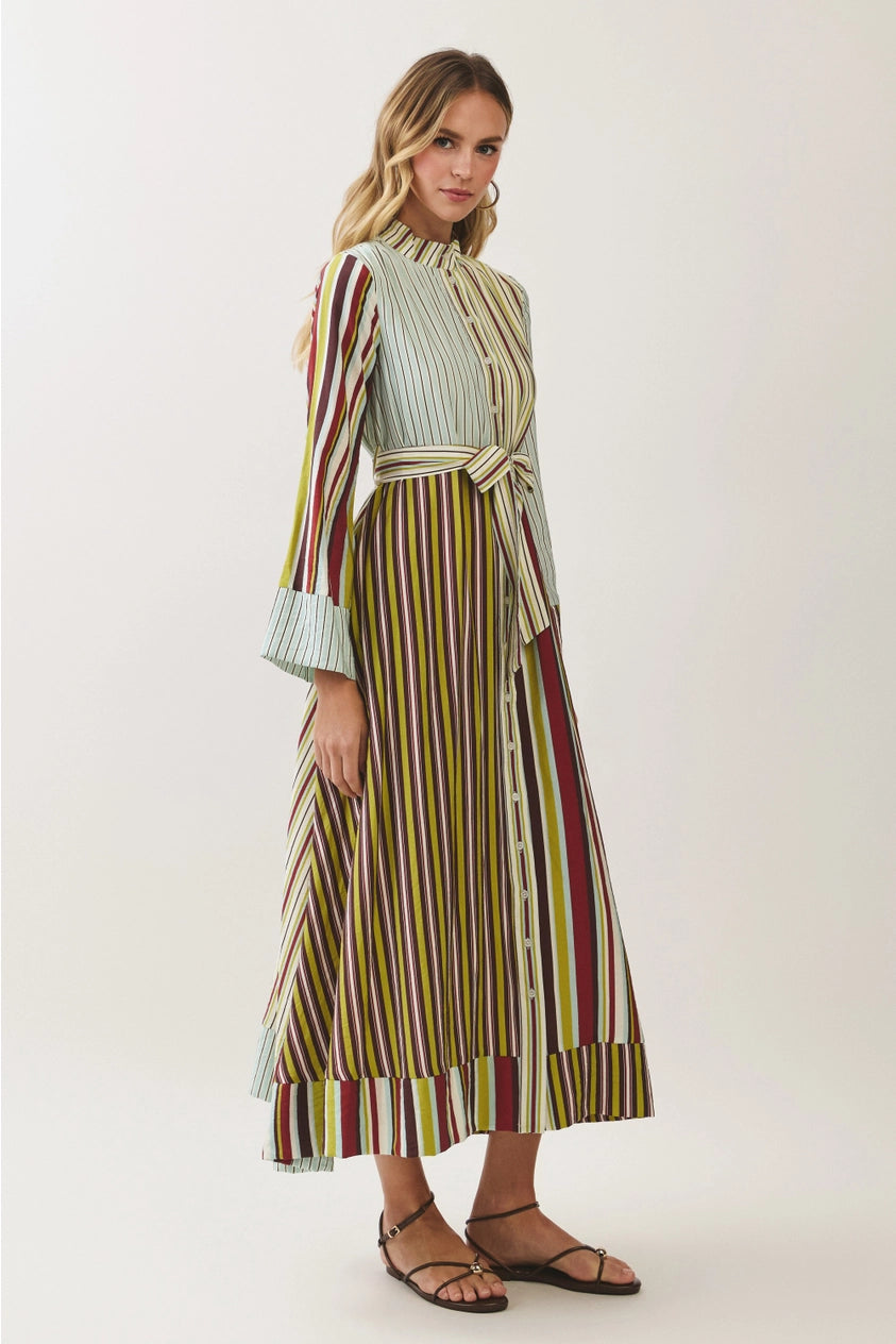 Rylen Mixed Stripe Belted Shirt Maxi Dress