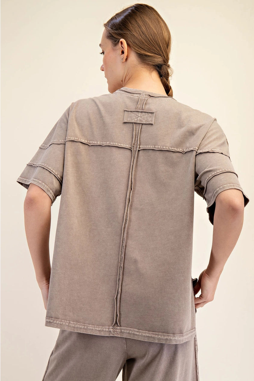 Light Taupe Mineral Wash Crew Neckand Wide Leg Pant SET by Rae Mode