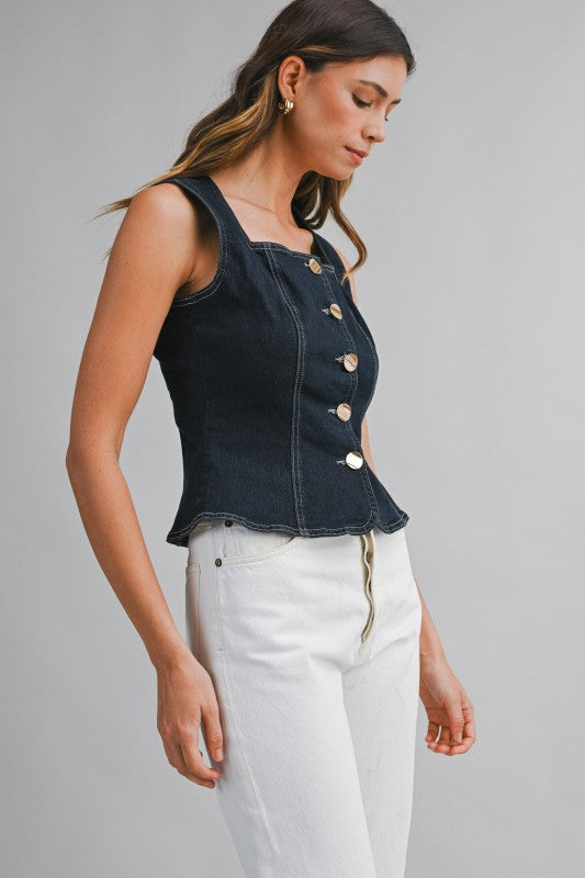 Denim Square Neck Gold Button Down Top by Mable
