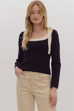 Black and Ivory Square Neck Top with Double Shoulder Bow Detail