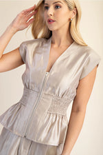 Champagne V-Neck Shoulder Padded Front Zip Waist Smocked Top