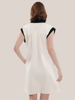 Ivory Knit Pattern Mini Dress with Pearl Button Detail and Colorblock Collar
