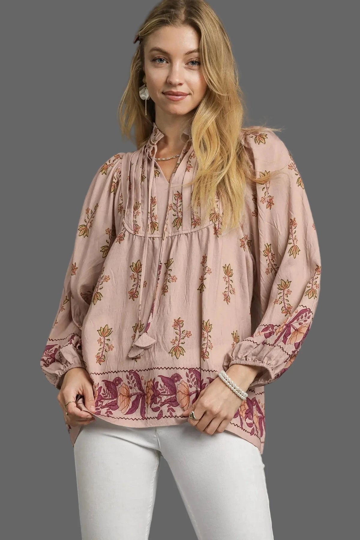 Stone Pink Floral Peasant Blouse