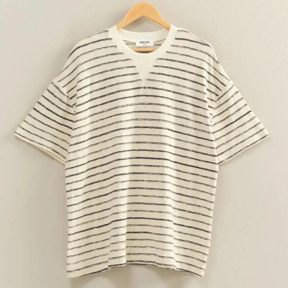 Gracen Oversized Striped V-Stitch Short Sleeve Top