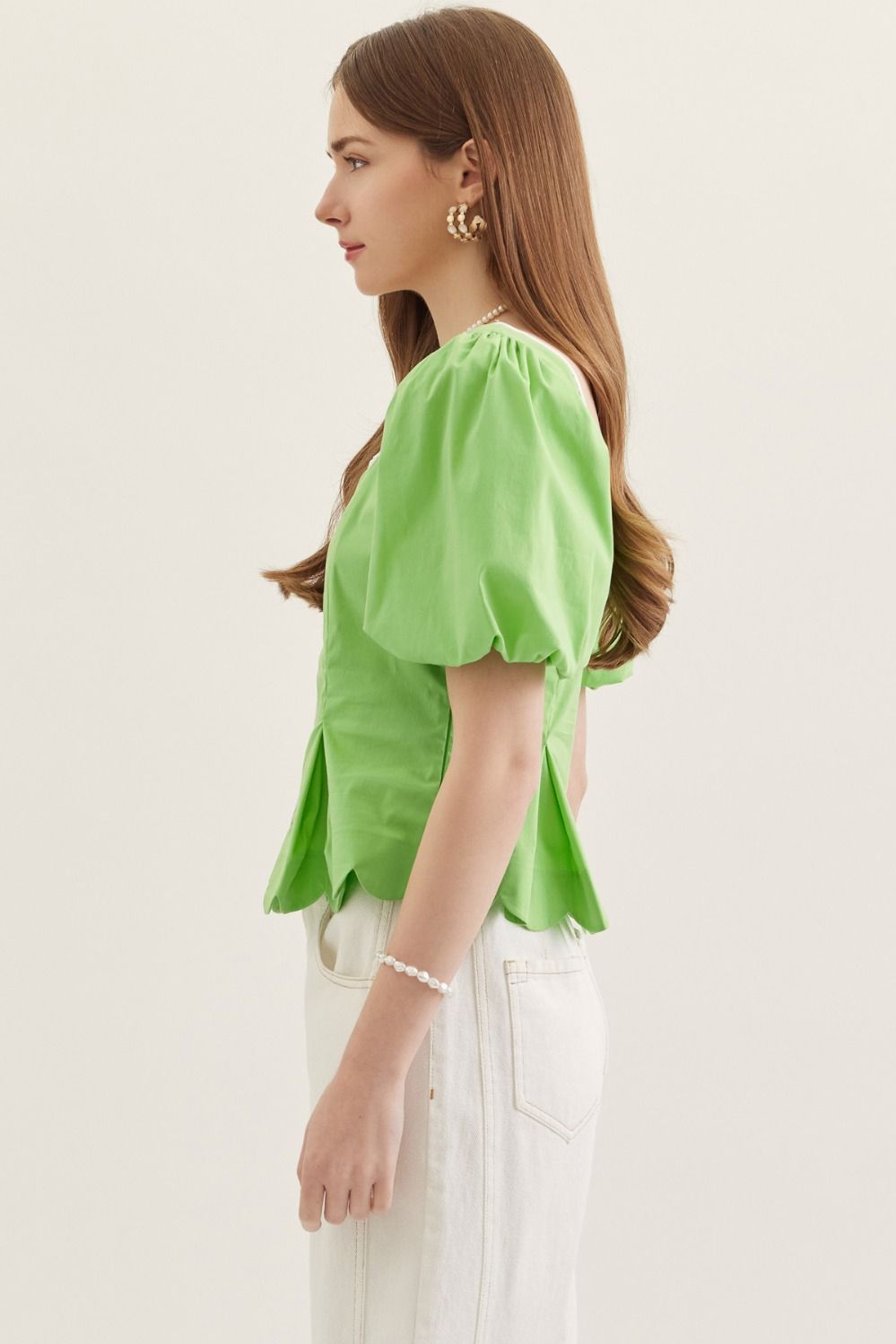 Apple Puff Sleeve Peplum Top with Contrasting Binding