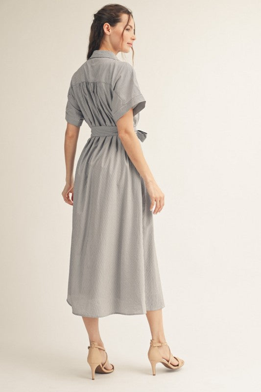 APPILQUE DETAIL BUTTON DOWN PINSTRIPE MIDI DRESS