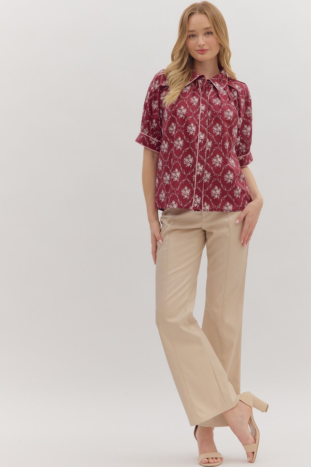 Wine Floral Button Down Top