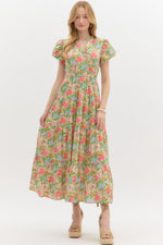 Floral Bubble Sleeve Maxi Dress with Double Elastisized Waist and Side Pockets