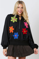 3D Flower Half Zip with Ruffle Neck Detail