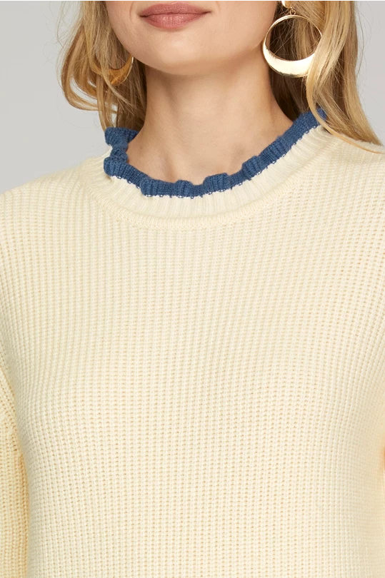 Cream Sweater with Blue Trim Neck Contrast