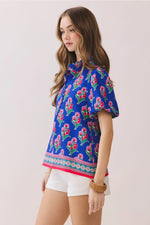 Clara Floral Print Contrast Border Hem Split Neck Blouse- Royal
