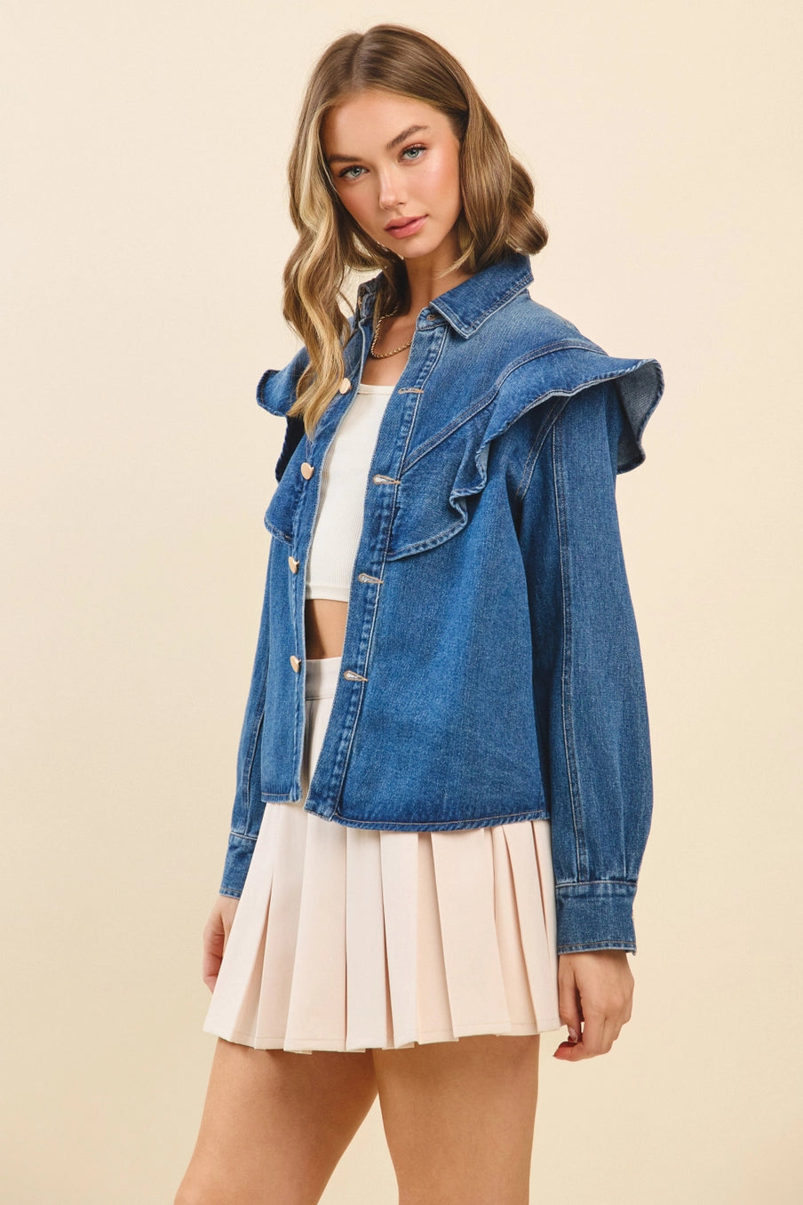 Harley Oversized Ruffle Yoke Collared Neckline Denim Top/Jacket with Gold Button