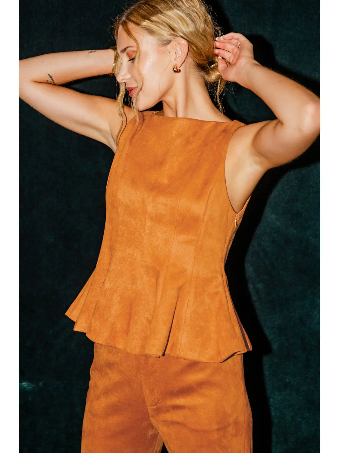 Camel Sleeveless Fitted Peplum Top