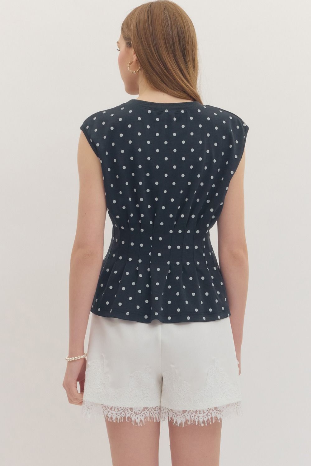 Blaine Polka Dot Peplum Top- Navy