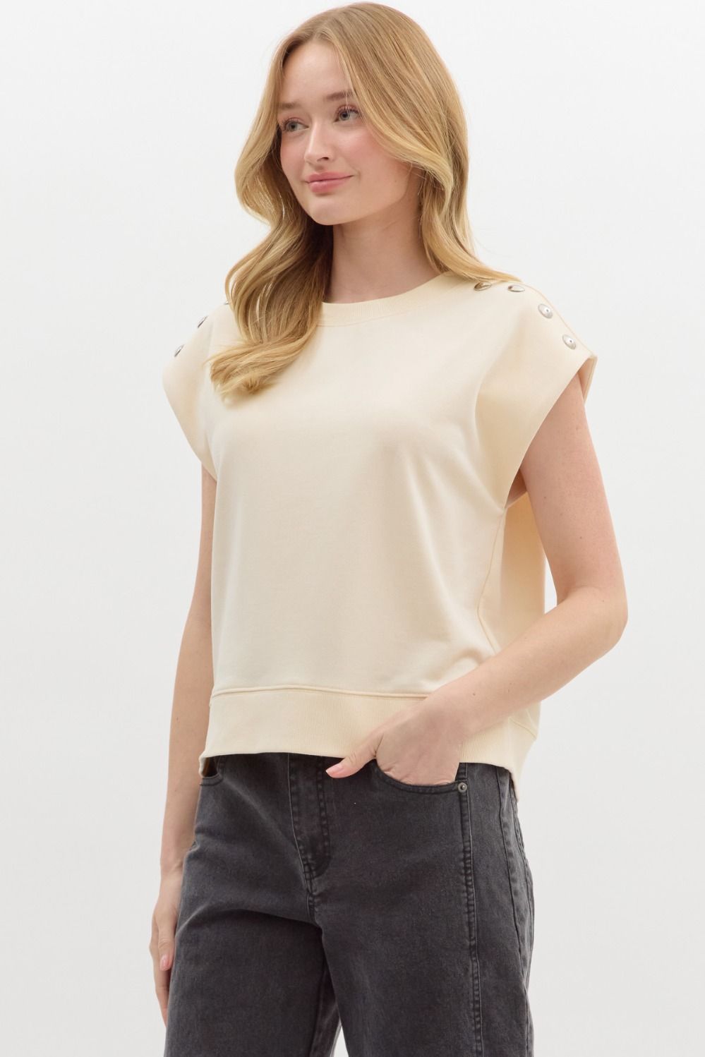 Ecru Knit Pullover with Silver Stud Shoulder Accents