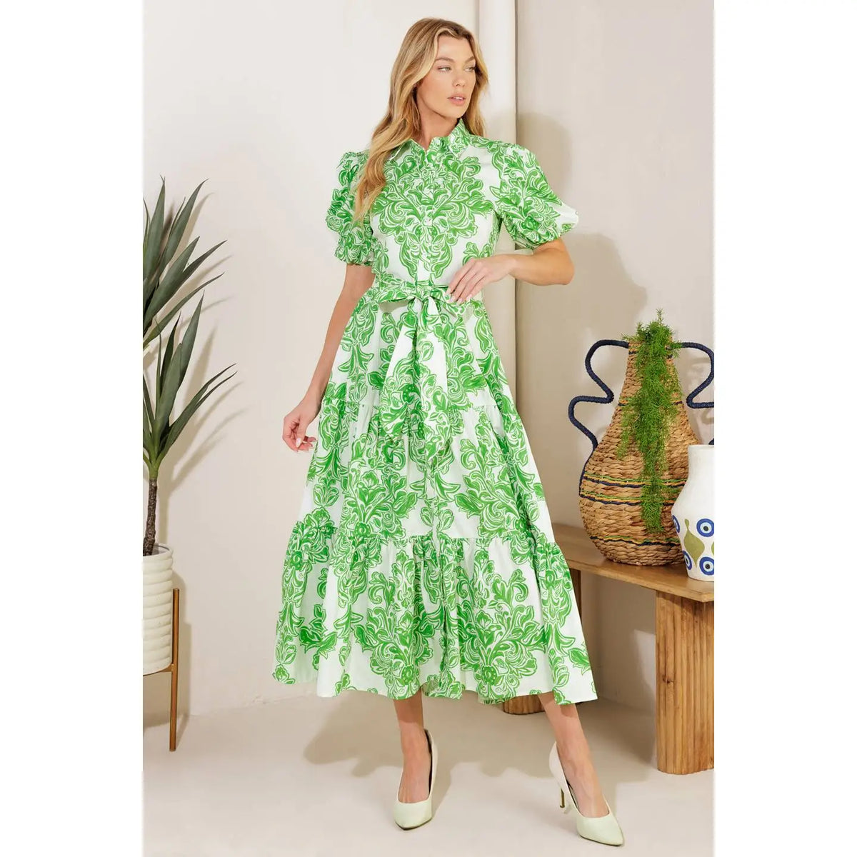 Dellia Damask Print Midi Dress - Apple