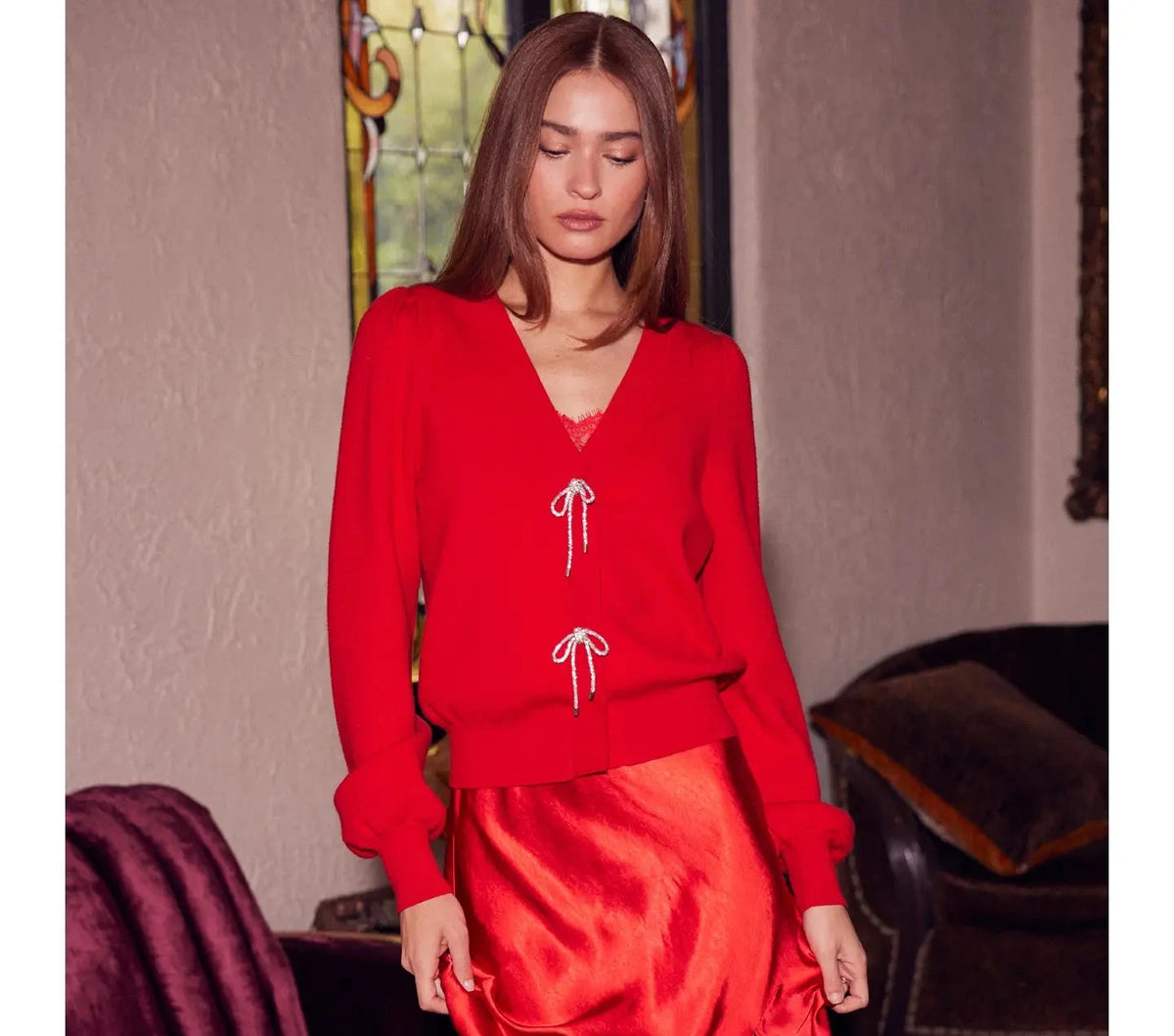 Red Crystal Bow Cardigan