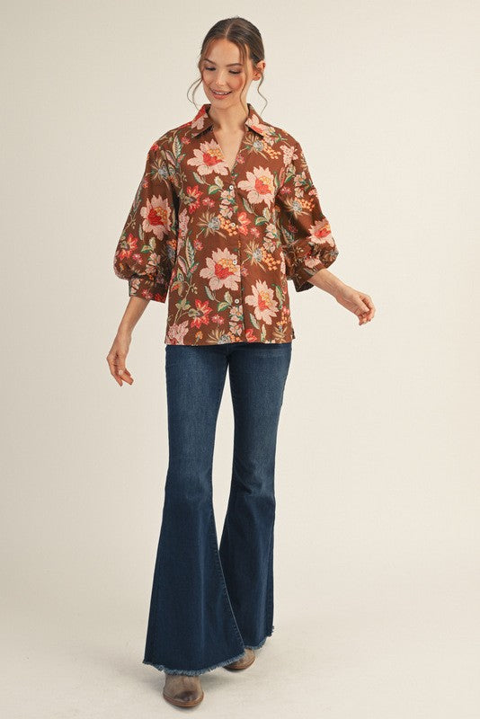 Brown Hues Puff Sleeve Floral Button Down Top
