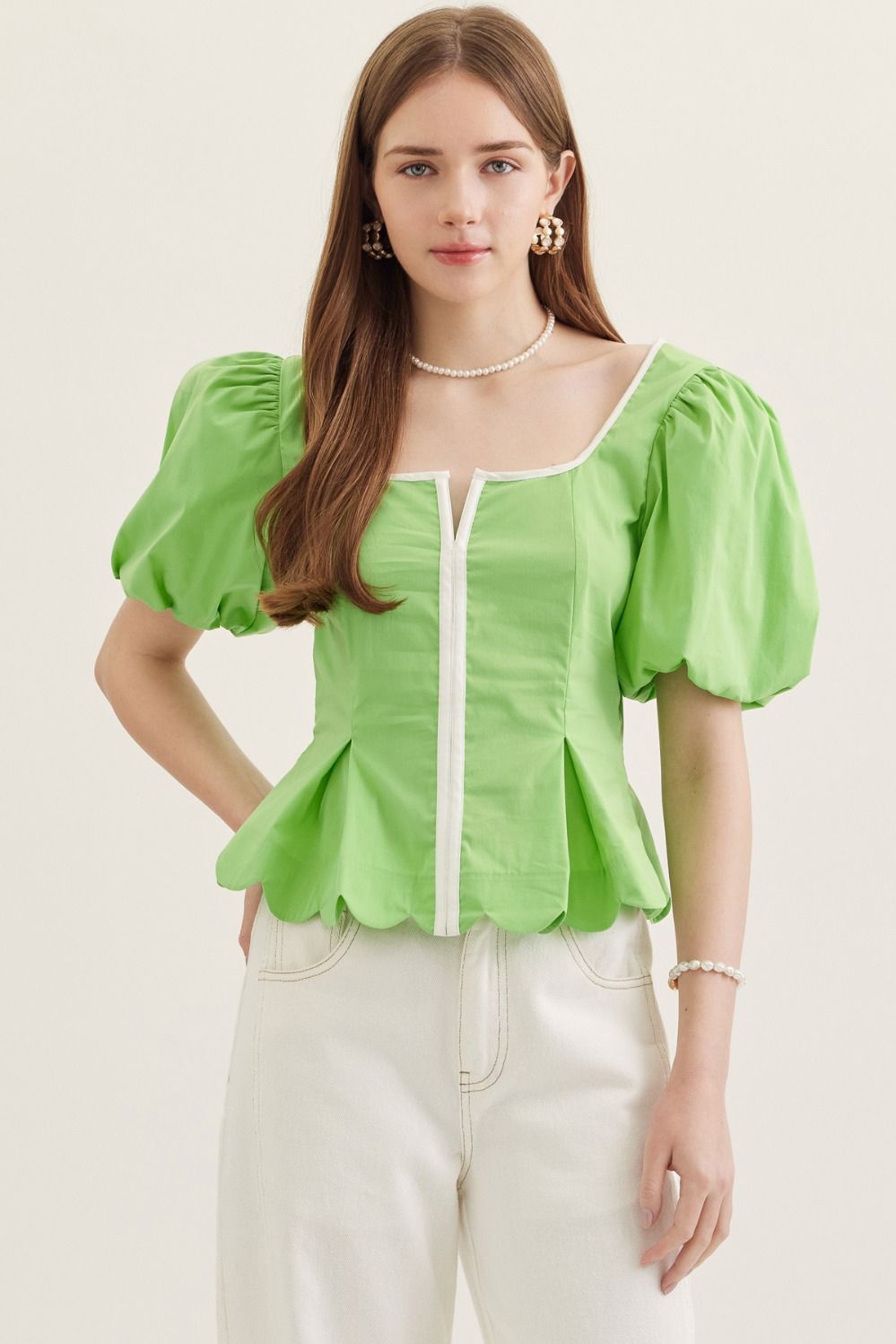 Apple Puff Sleeve Peplum Top with Contrasting Binding
