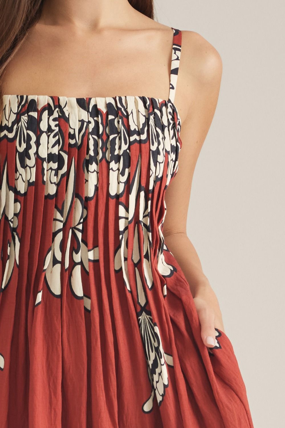 Liza Floral Pleated Neckline Sleeveless Maxi Dress- Brick