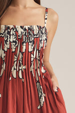 Liza Floral Pleated Neckline Sleeveless Maxi Dress- Brick