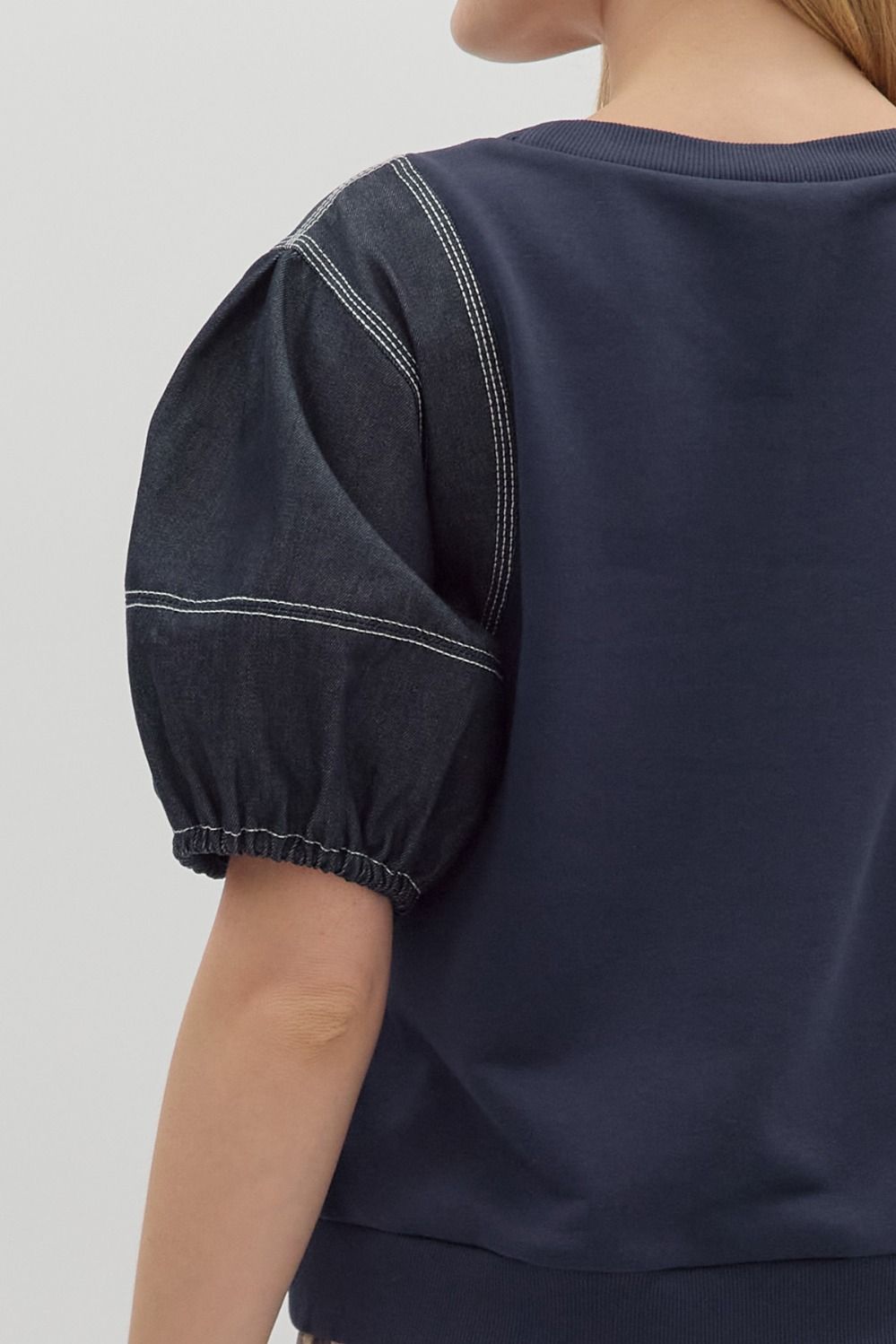 Blakely Crew Neck Top with Exposed Stitching Detail - Navy