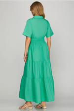 HALF SLEEVE TIERED SHIRT WOVEN MAXI DRESS WITH ELASTIC WAIST AND POCKETS IN SOFT JADE