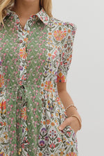 Olive Diamond Pattern Floral Print Midi Dress with Front Button Closure and Adjustable Tie Waist