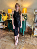 Metallic Black Midi with Ruching Detail and Slit