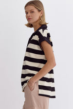 Black and Ivory Collared Striped V Neck Top