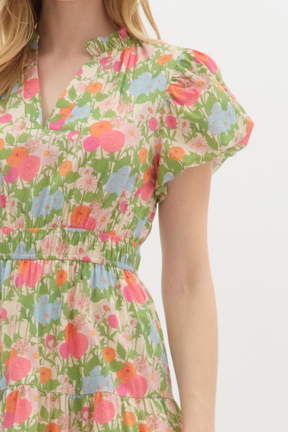 Floral Bubble Sleeve Maxi Dress with Double Elastisized Waist and Side Pockets