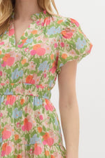 Floral Bubble Sleeve Maxi Dress with Double Elastisized Waist and Side Pockets