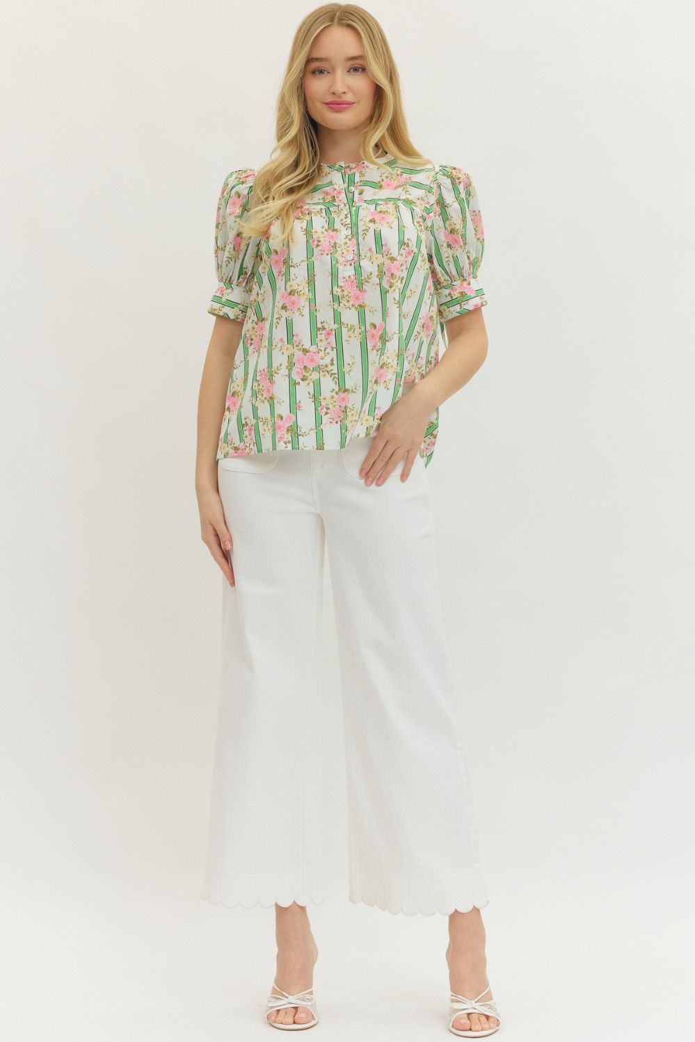 Botanical Stripe Puff Sleeve Button Down Top with Self Tie Cuff Detail