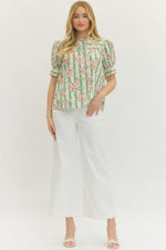 Botanical Stripe Puff Sleeve Button Down Top with Self Tie Cuff Detail