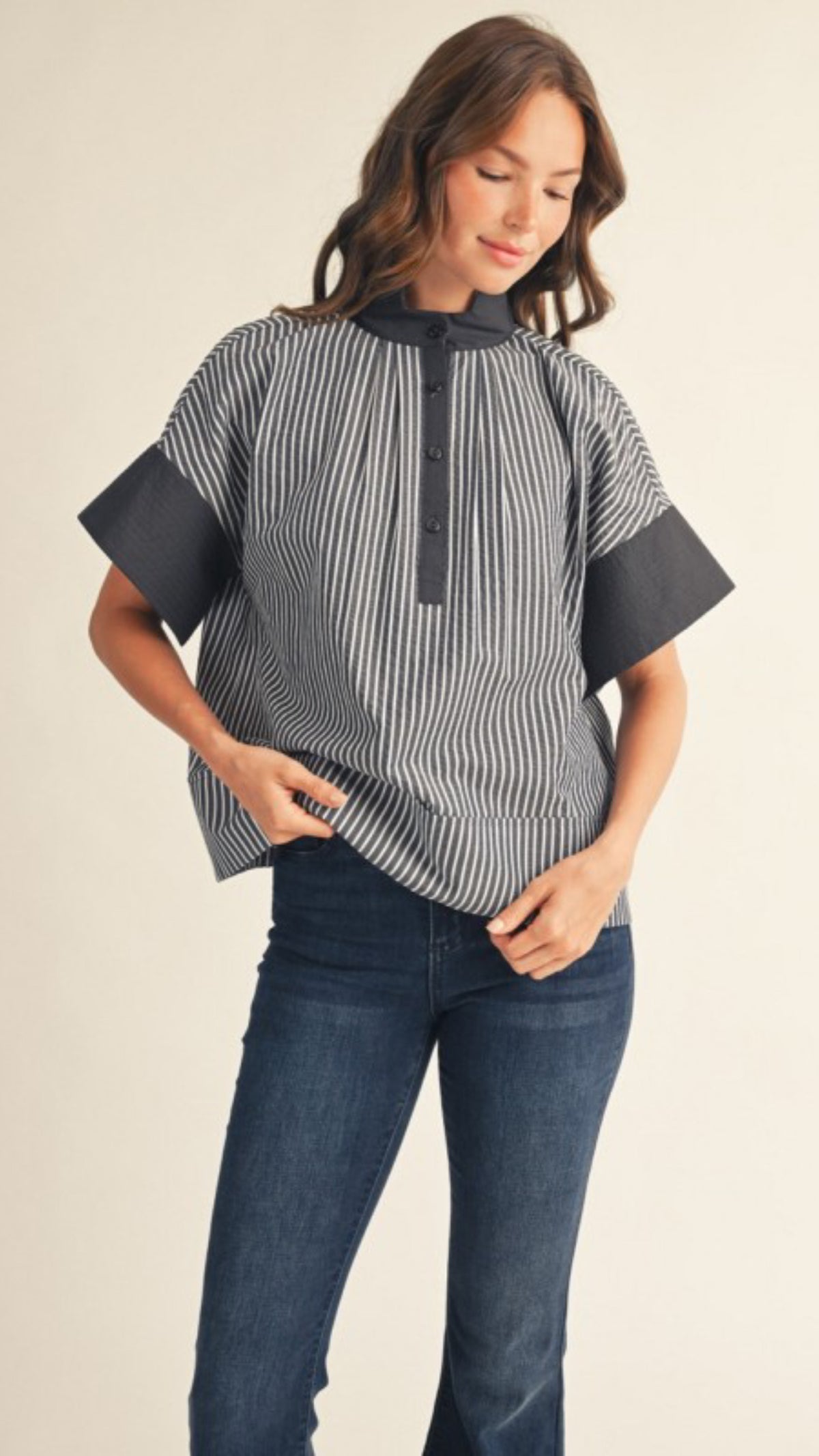 Brighton Navy Striped Button Front Top