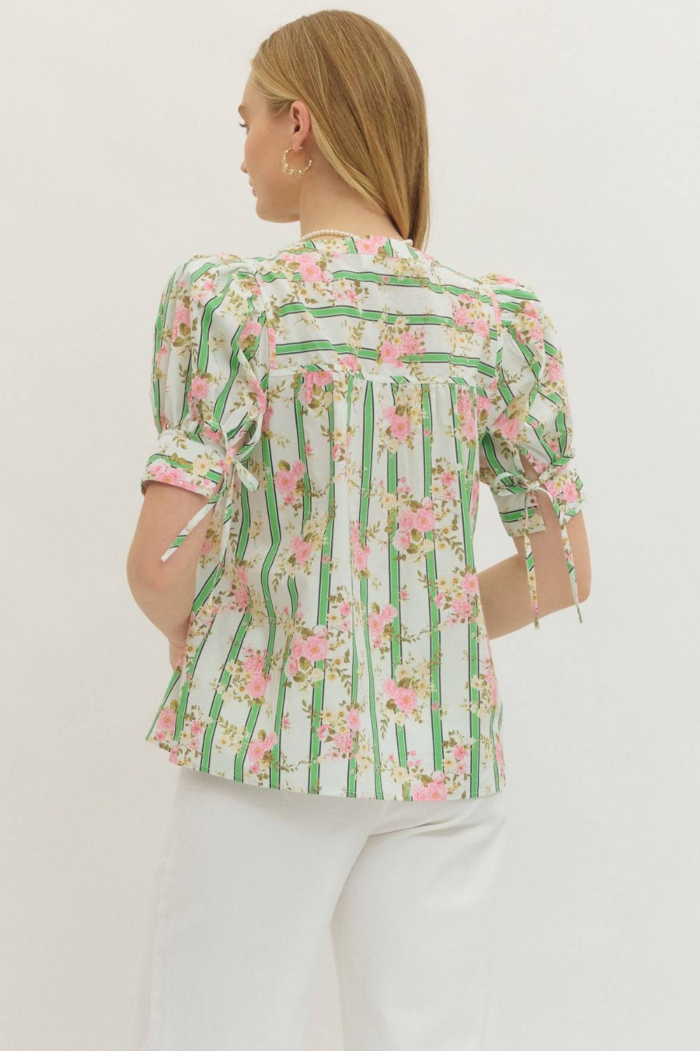 Botanical Stripe Puff Sleeve Button Down Top with Self Tie Cuff Detail