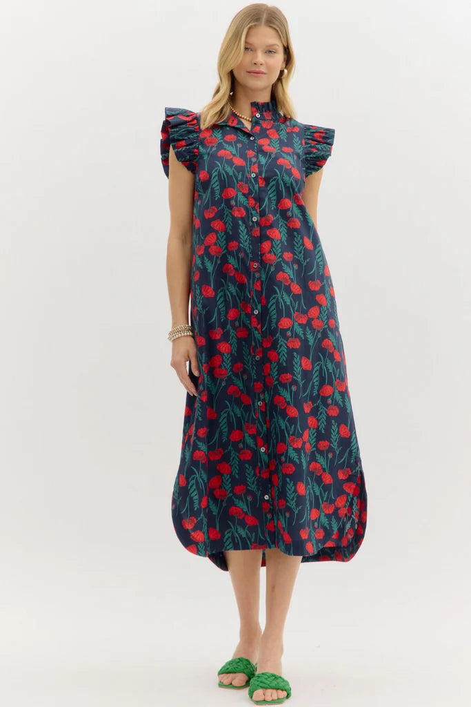 Midnight Floral Flutter Sleeve Midi Dress- Navy