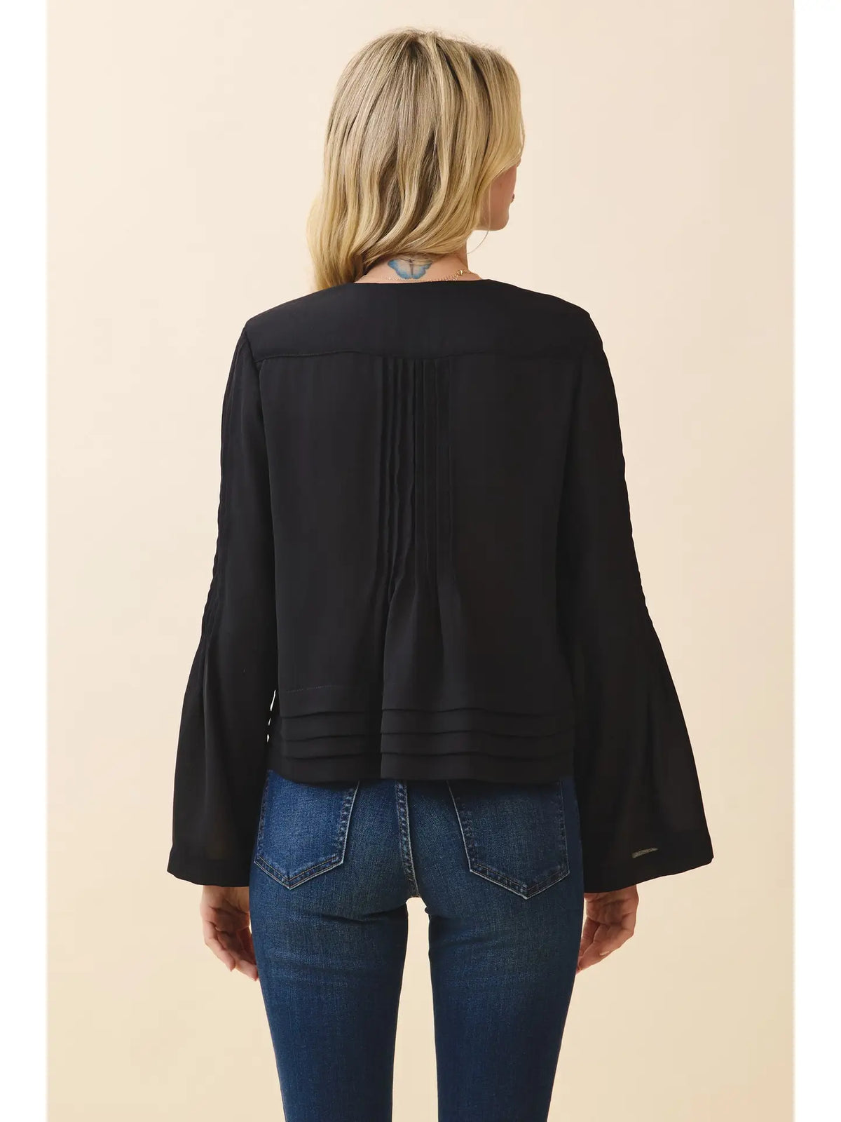 Kera Pintuck Pleats Detail Hidden Snap Button Blouse- Black