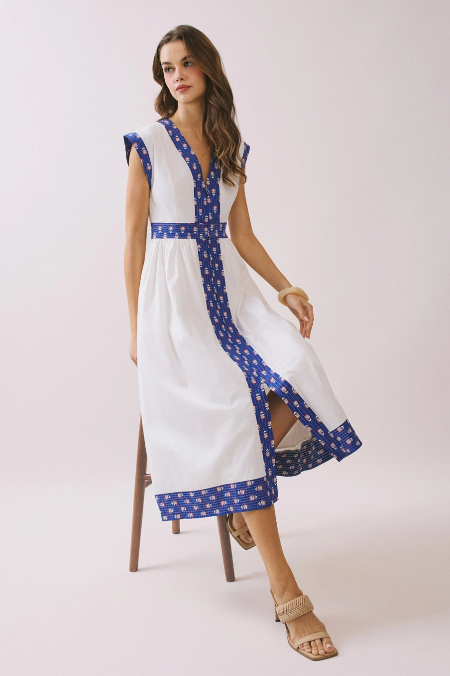 Scarlett Contrast Printed Trim Detail V Neck Midi Dress- White with Red/Blue